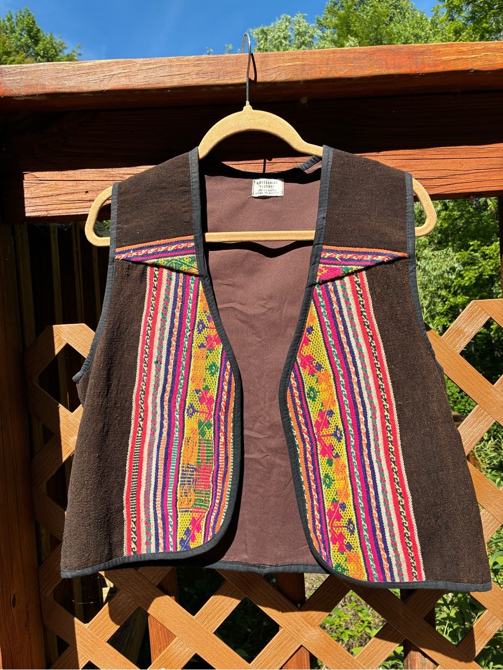 Authentic boho Bolivian brown embroidered vest with colorful panels